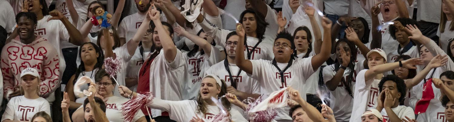 Fans in all white cheering in the stands.